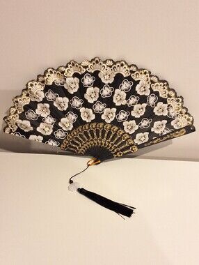 Black Floral Folding Hand Fan White Flower Print Gold Accents W/Tassel, NEW